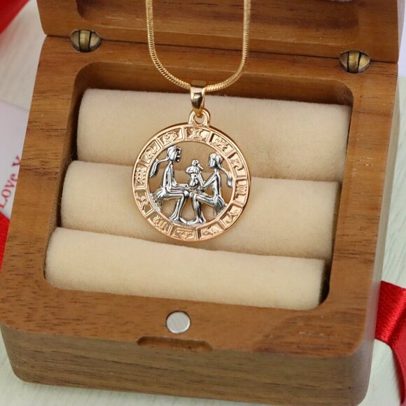 "Rose Gold Gemini Zodiac Pendant with Twin Motif and Symbol Circle, XPPT1447 - Picture 9 of 13